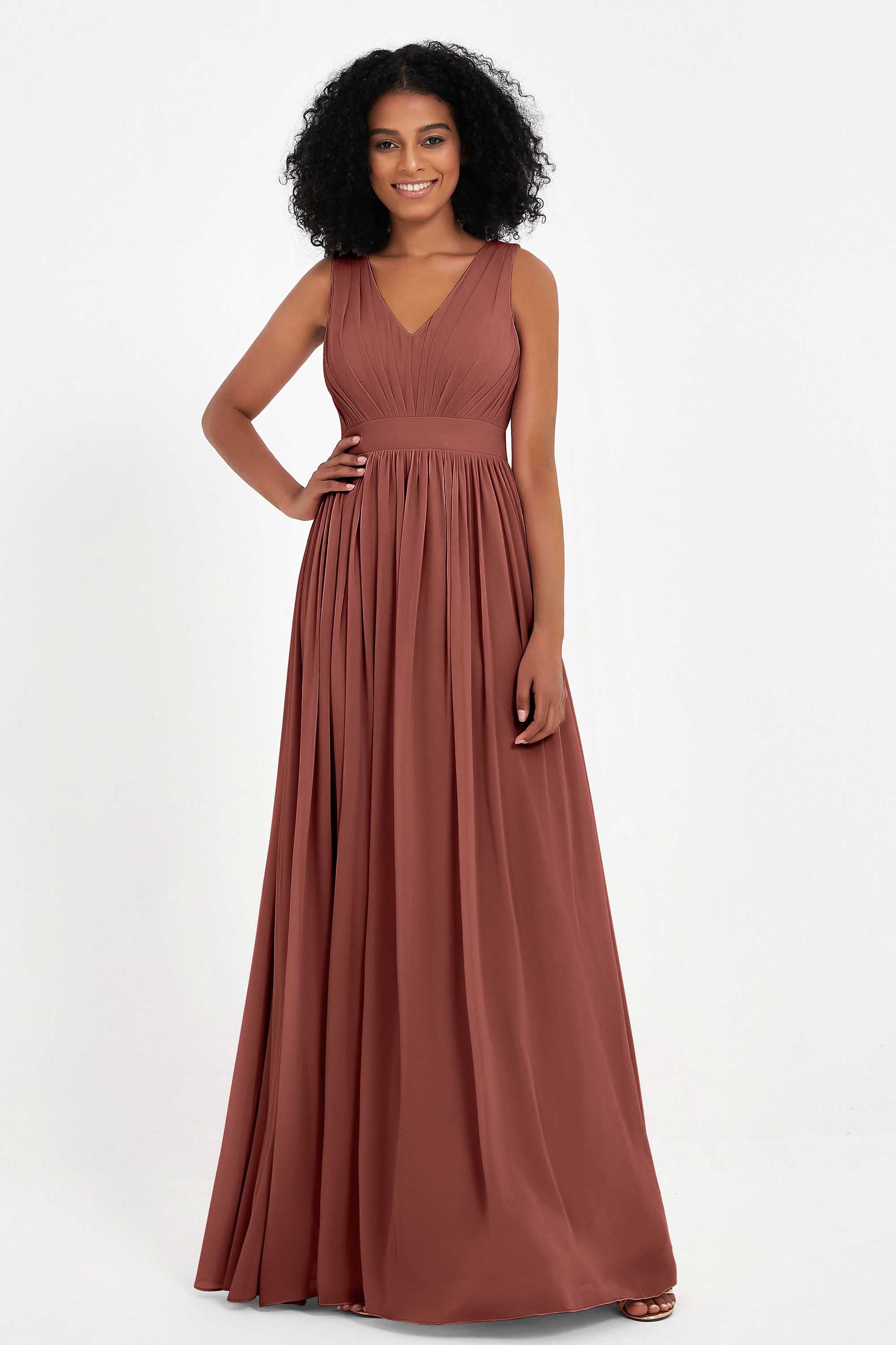 Modest Long Chiffon Bridesmaid Dress Sleeveless Pleated Ruched Formal Evening Dresses Gowns