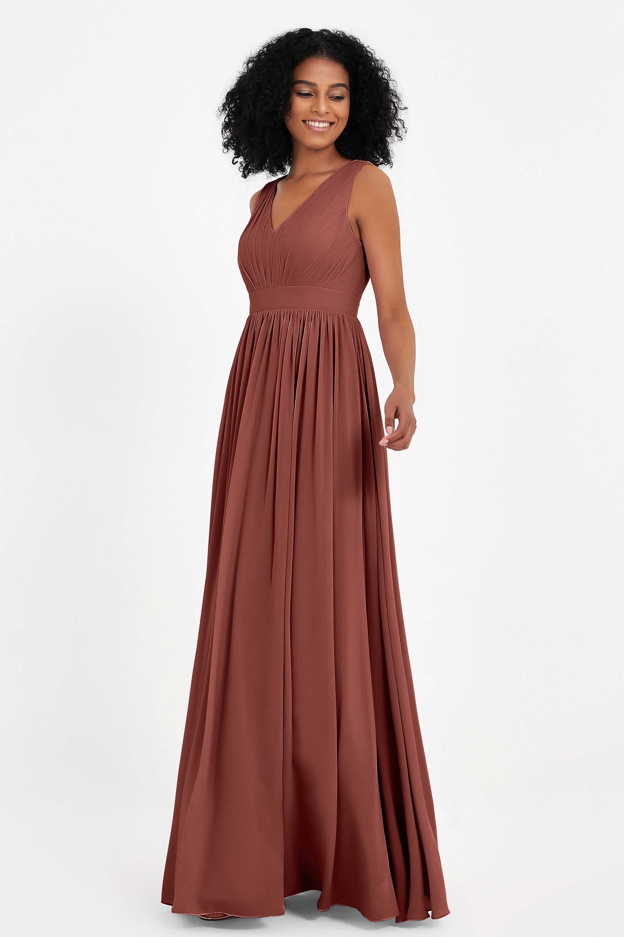 Modest Long Chiffon Bridesmaid Dress Sleeveless Pleated Ruched Formal Evening Dresses Gowns