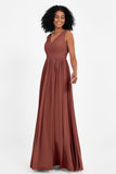 Modest Long Chiffon Bridesmaid Dress Sleeveless Pleated Ruched Formal Evening Dresses Gowns