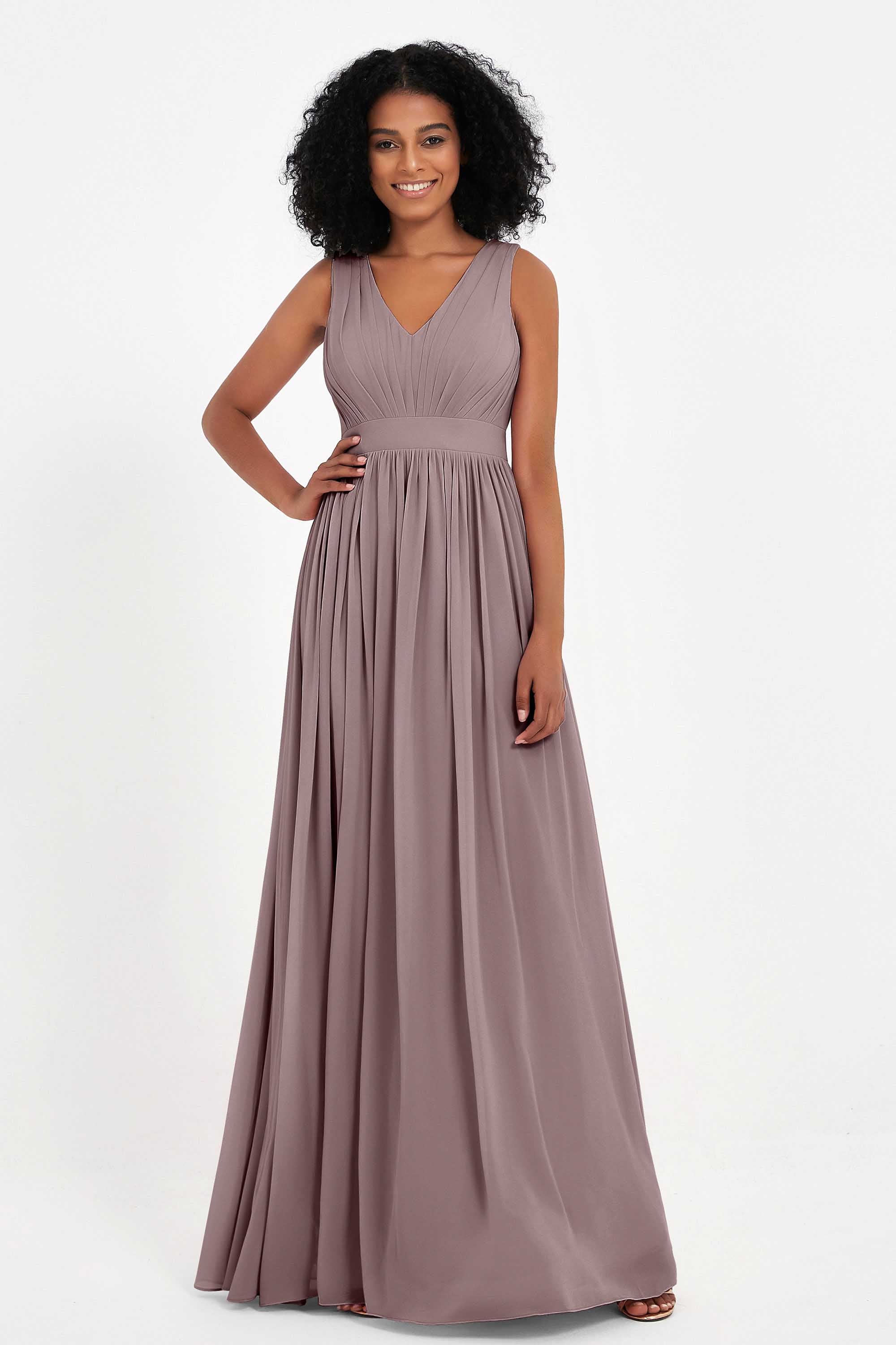 Modest Long Chiffon Bridesmaid Dress Sleeveless Pleated Ruched Formal Evening Dresses Gowns