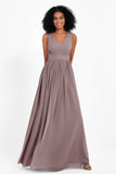 Modest Long Chiffon Bridesmaid Dress Sleeveless Pleated Ruched Formal Evening Dresses Gowns