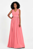 Modest Long Chiffon Bridesmaid Dress Sleeveless Pleated Ruched Formal Evening Dresses Gowns