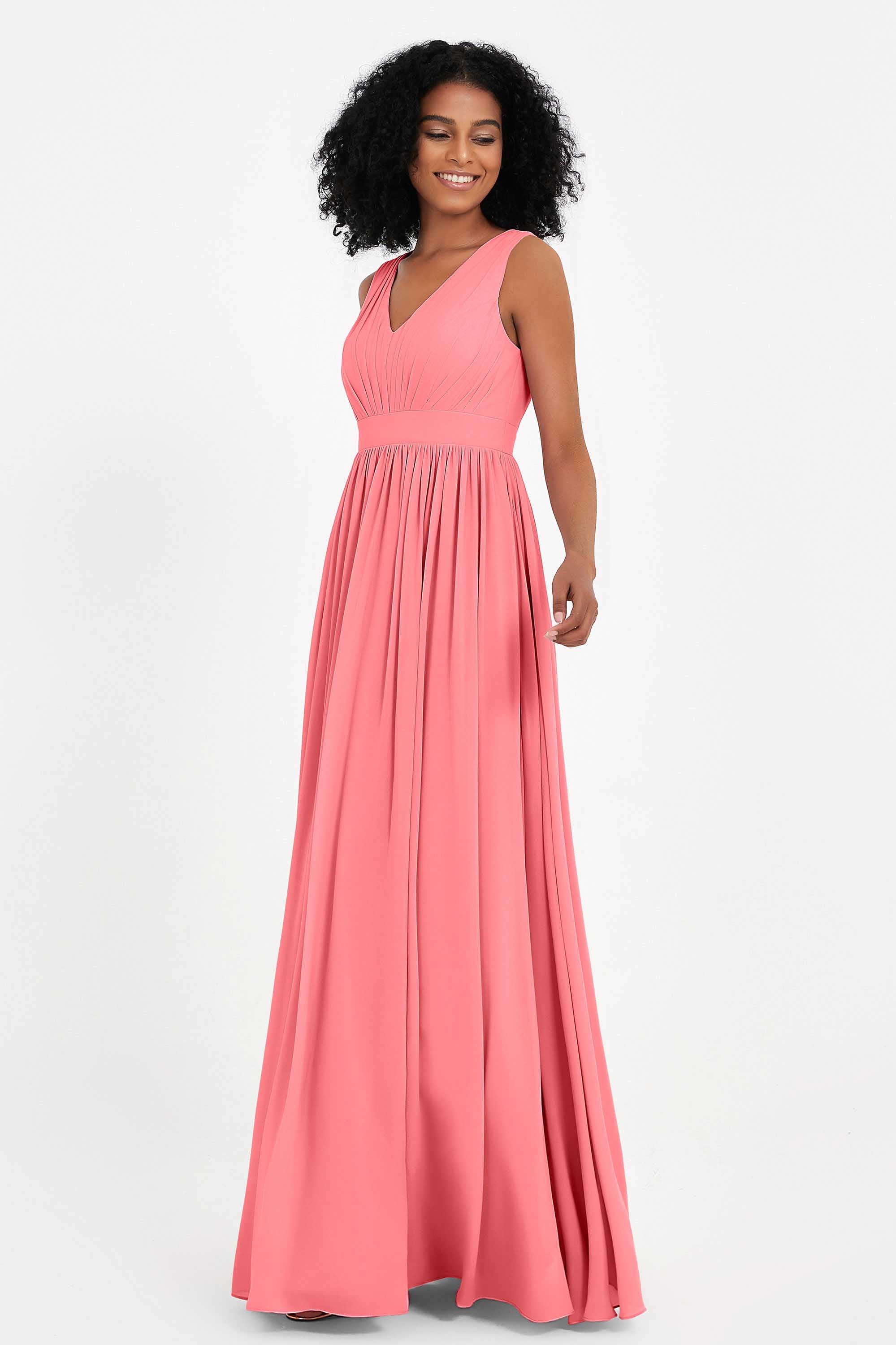 Modest Long Chiffon Bridesmaid Dress Sleeveless Pleated Ruched Formal Evening Dresses Gowns