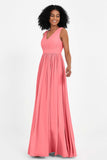 Modest Long Chiffon Bridesmaid Dress Sleeveless Pleated Ruched Formal Evening Dresses Gowns