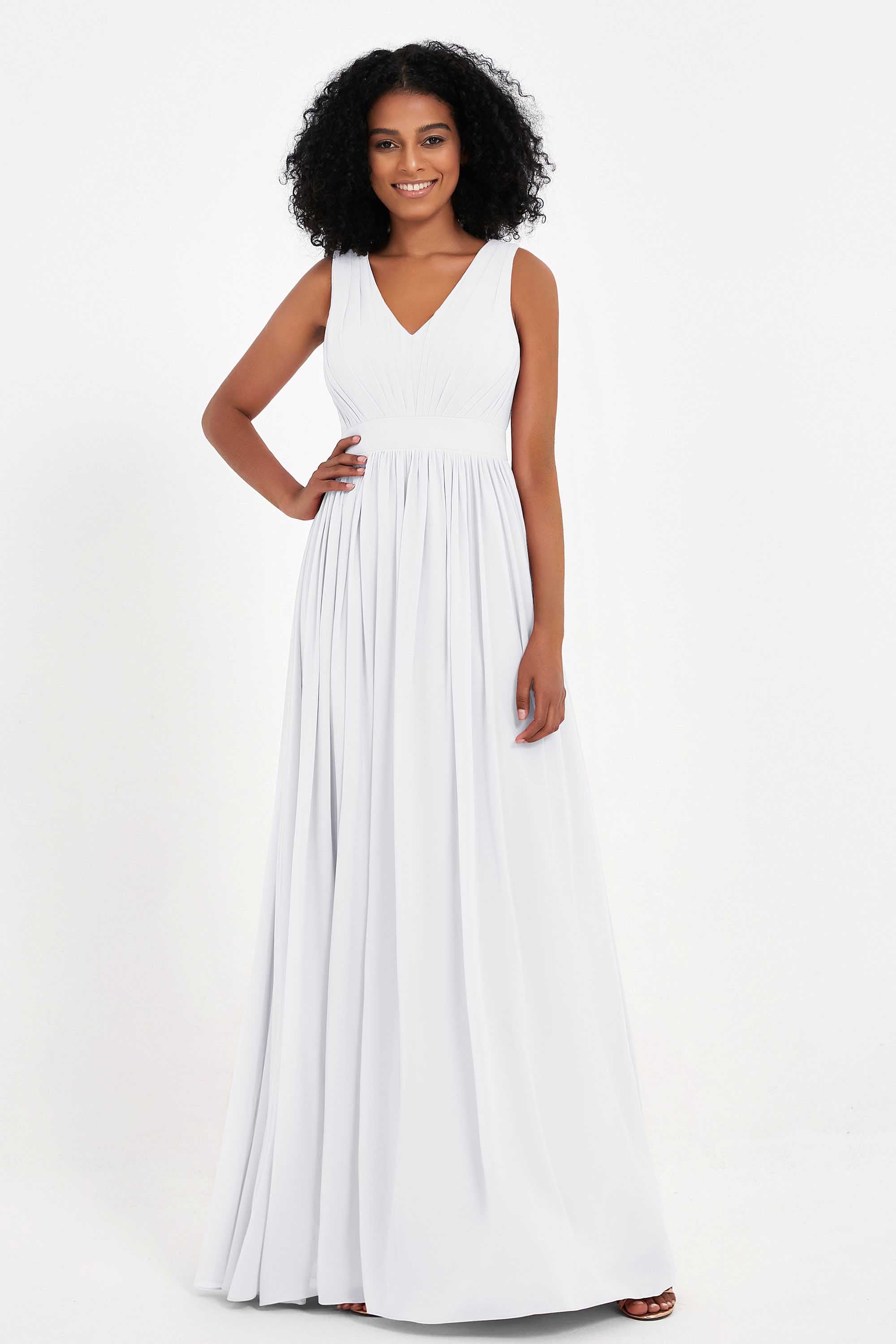 Modest Long Chiffon Bridesmaid Dress Sleeveless Pleated Ruched Formal Evening Dresses Gowns