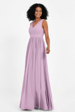 Modest Long Chiffon Bridesmaid Dress Sleeveless Pleated Ruched Formal Evening Dresses Gowns