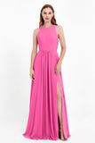 Jewel Neck Chiffon Bridesmaid Gowns Formal Evening Party Dresses A Line with Slit