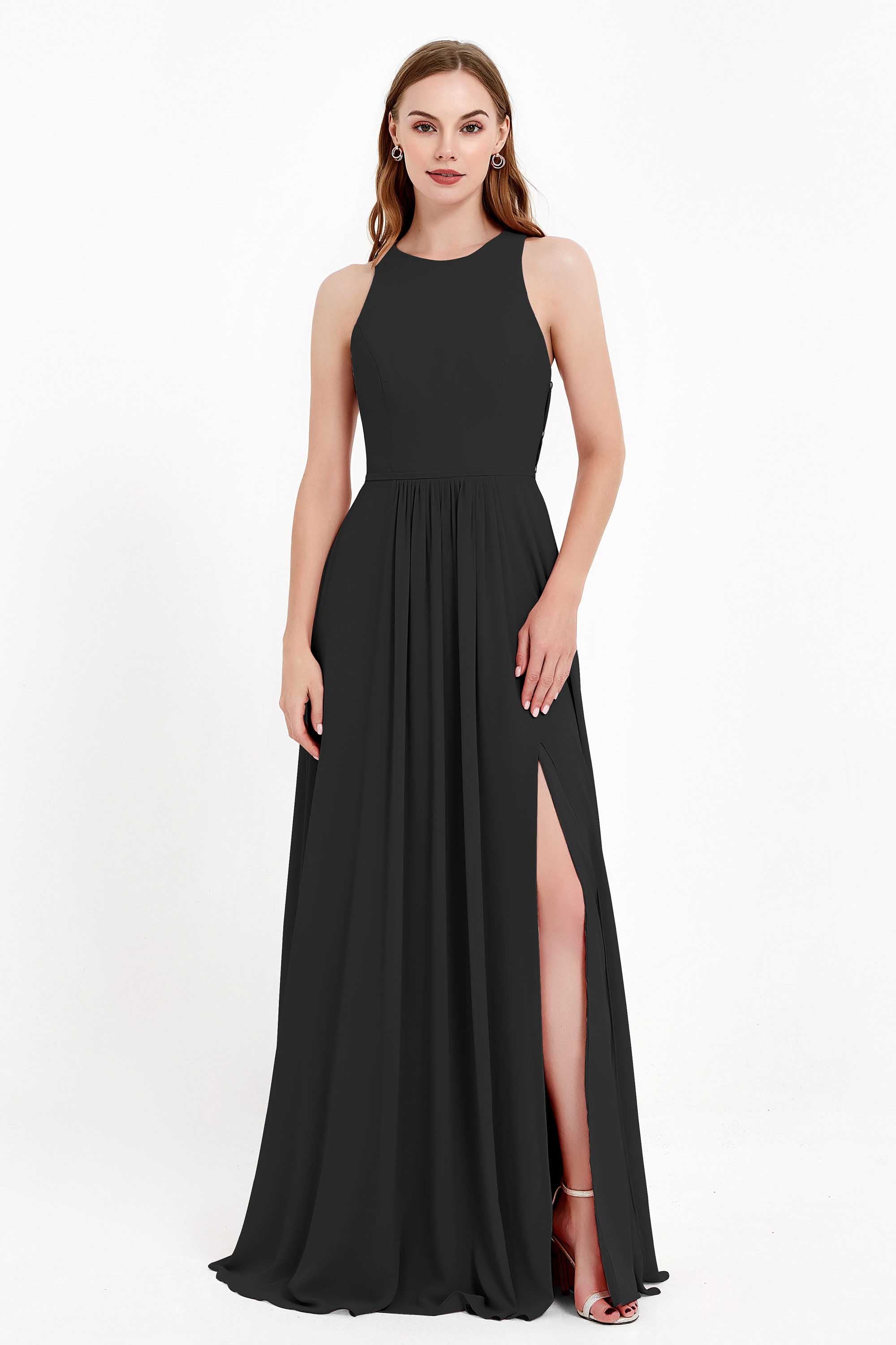 Jewel Neck Chiffon Bridesmaid Gowns Formal Evening Party Dresses A Line with Slit
