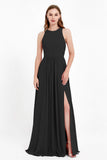 Jewel Neck Chiffon Bridesmaid Gowns Formal Evening Party Dresses A Line with Slit