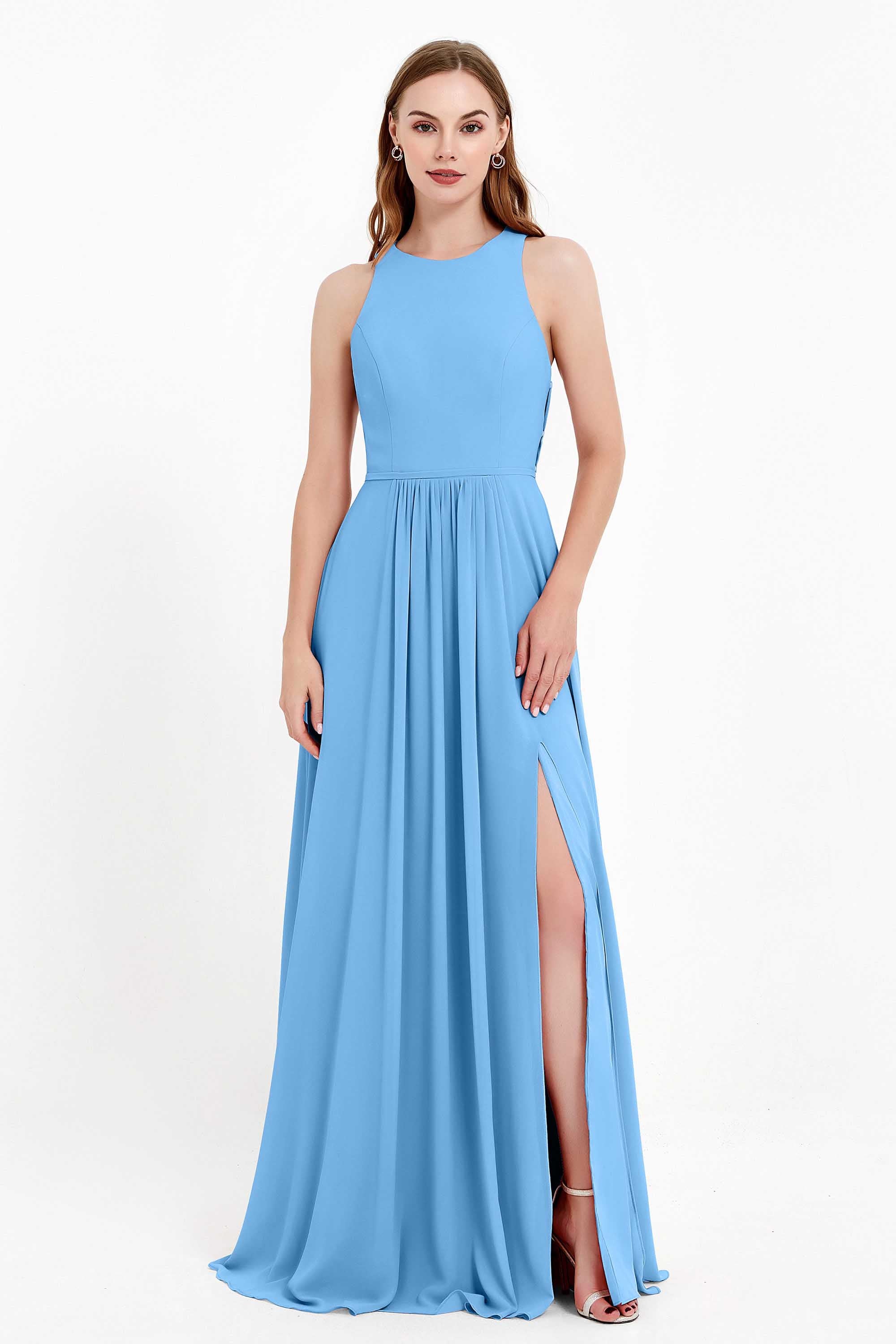 Jewel Neck Chiffon Bridesmaid Gowns Formal Evening Party Dresses A Line with Slit