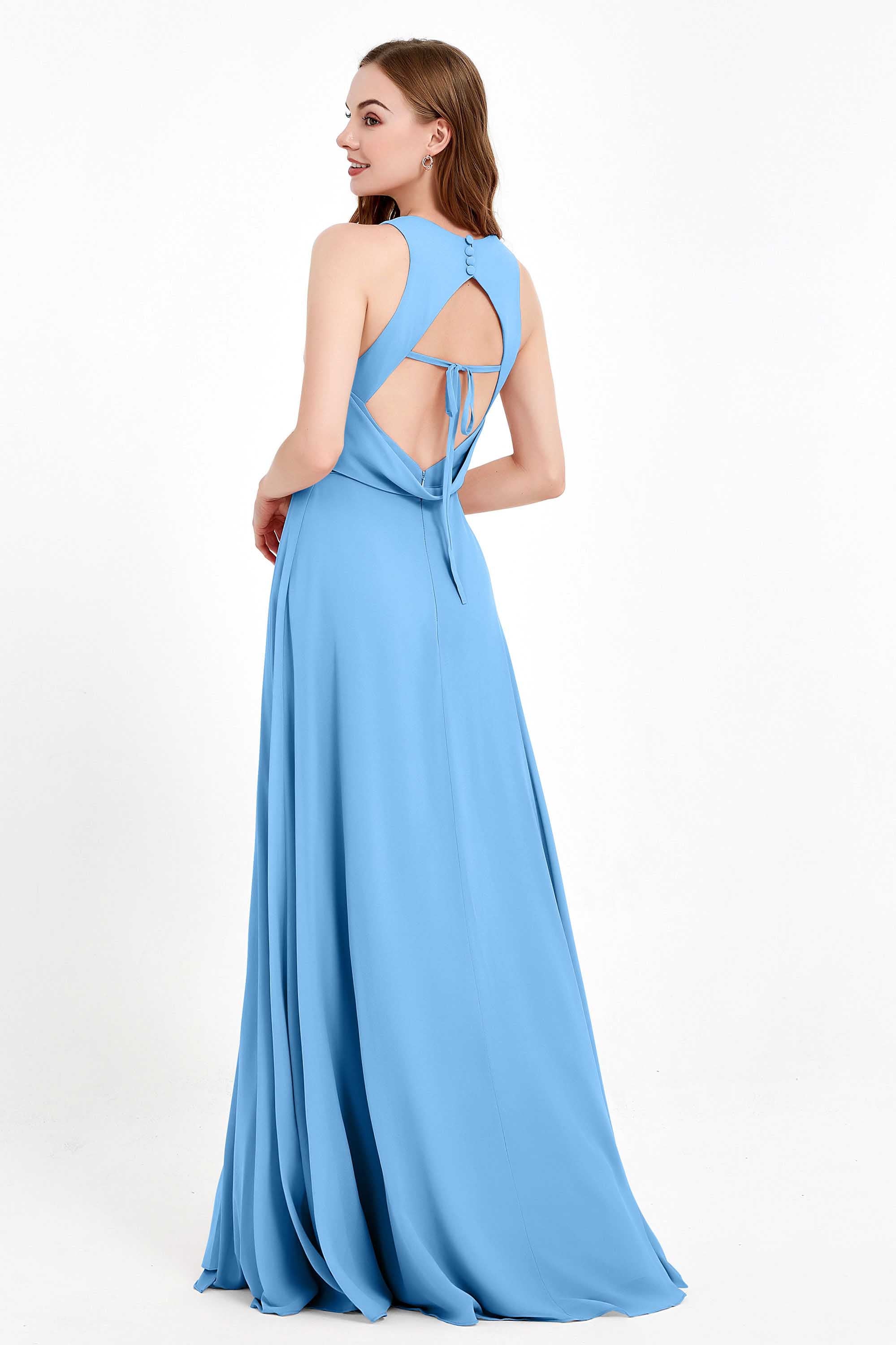 Jewel Neck Chiffon Bridesmaid Gowns Formal Evening Party Dresses A Line with Slit