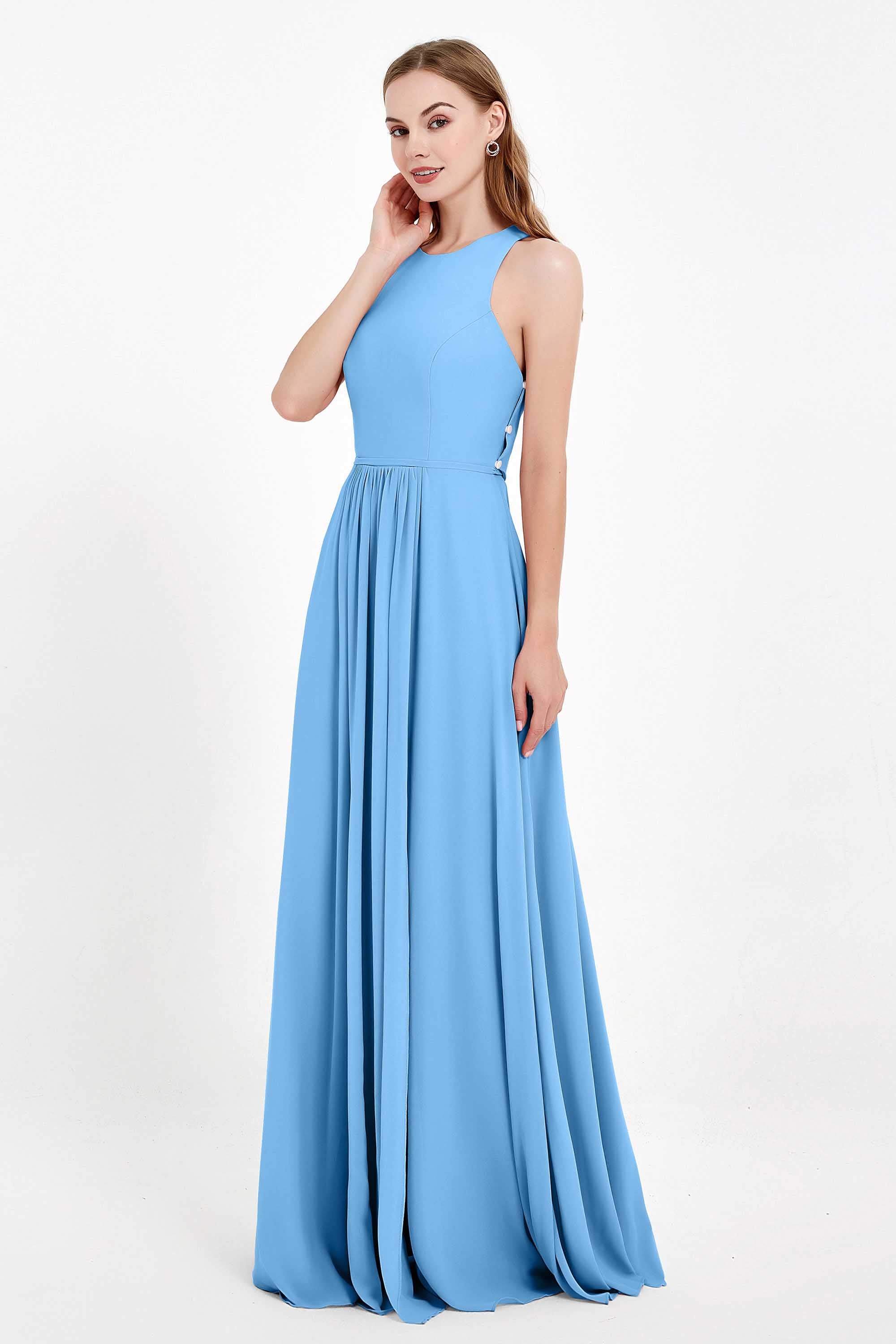 Jewel Neck Chiffon Bridesmaid Gowns Formal Evening Party Dresses A Line with Slit