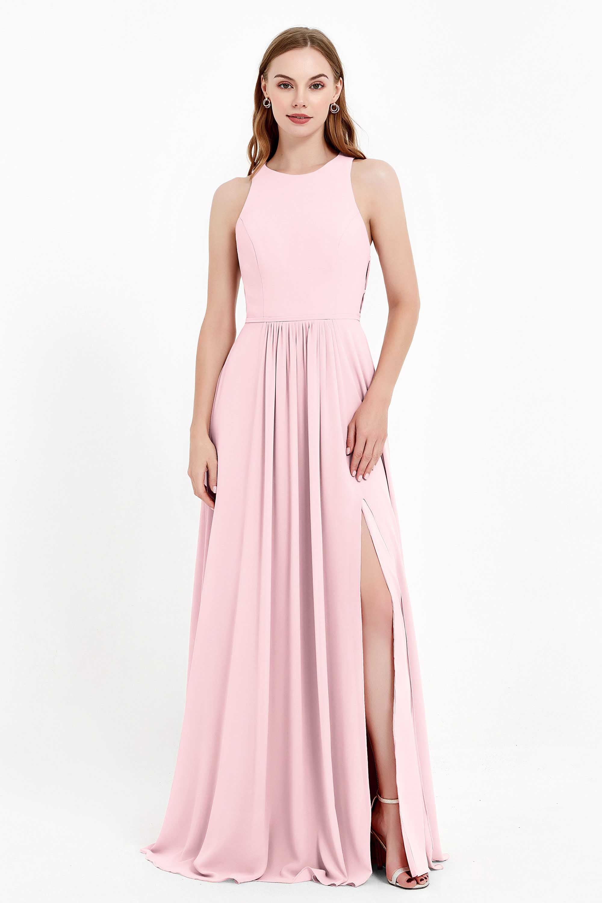 Jewel Neck Chiffon Bridesmaid Gowns Formal Evening Party Dresses A Line with Slit