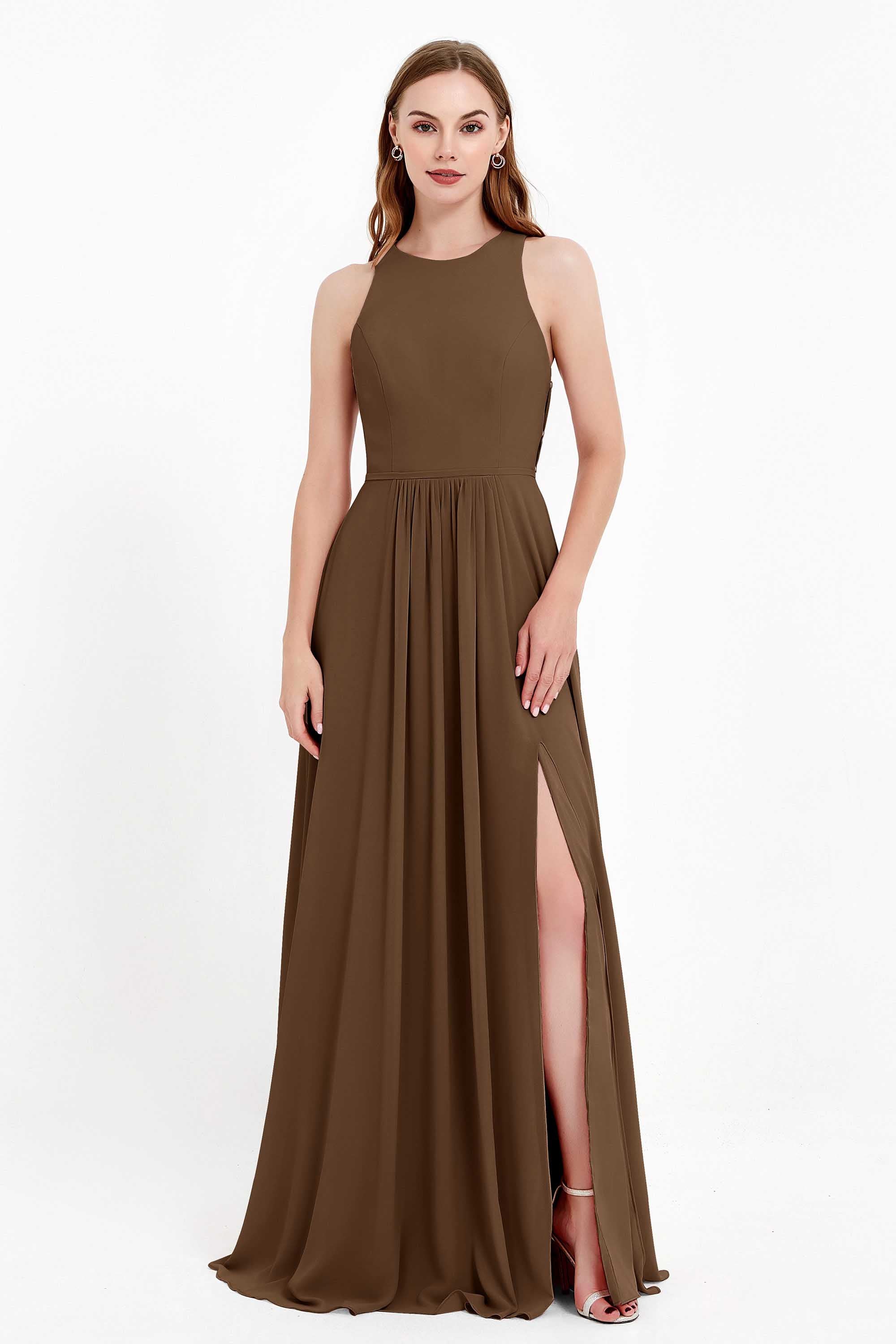Jewel Neck Chiffon Bridesmaid Gowns Formal Evening Party Dresses A Line with Slit