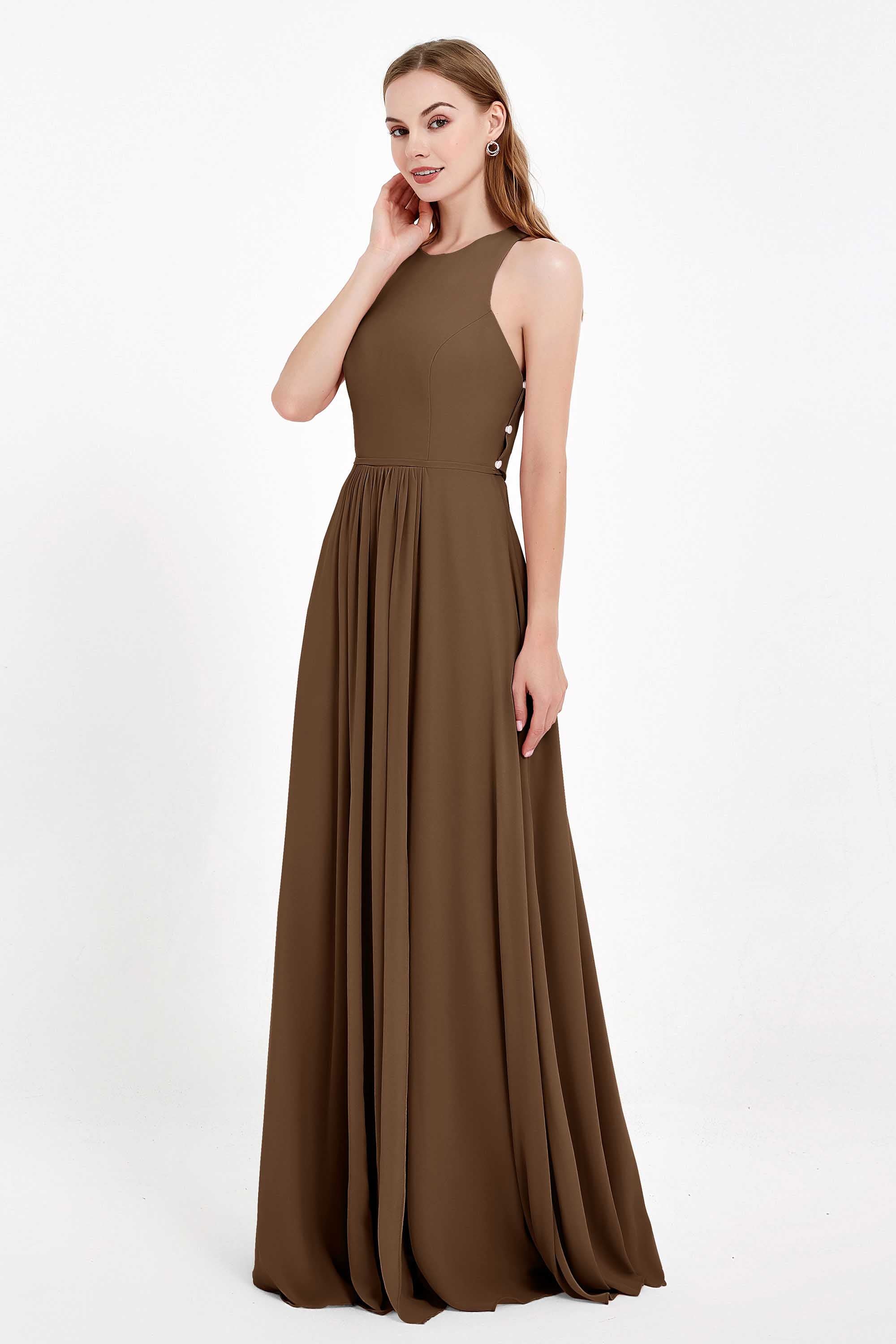 Jewel Neck Chiffon Bridesmaid Gowns Formal Evening Party Dresses A Line with Slit