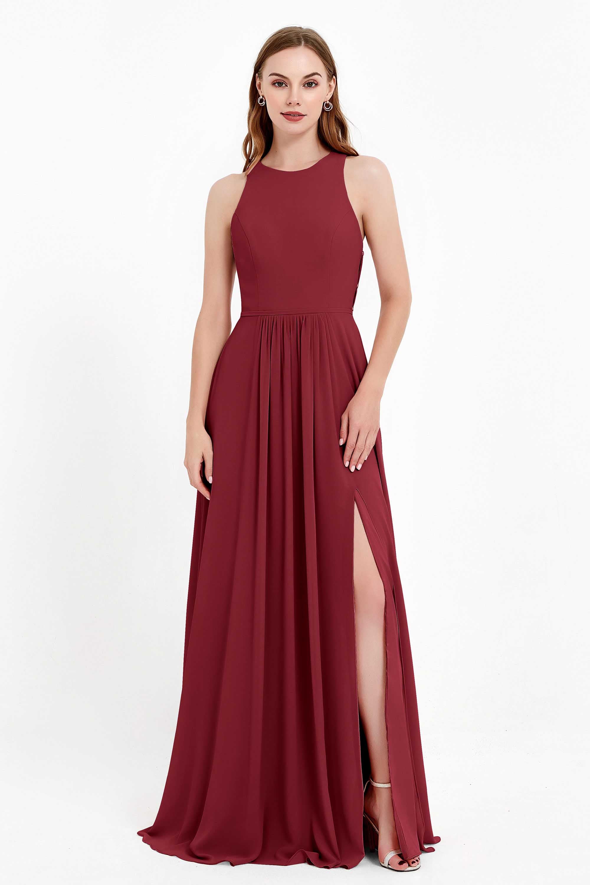 Jewel Neck Chiffon Bridesmaid Gowns Formal Evening Party Dresses A Line with Slit