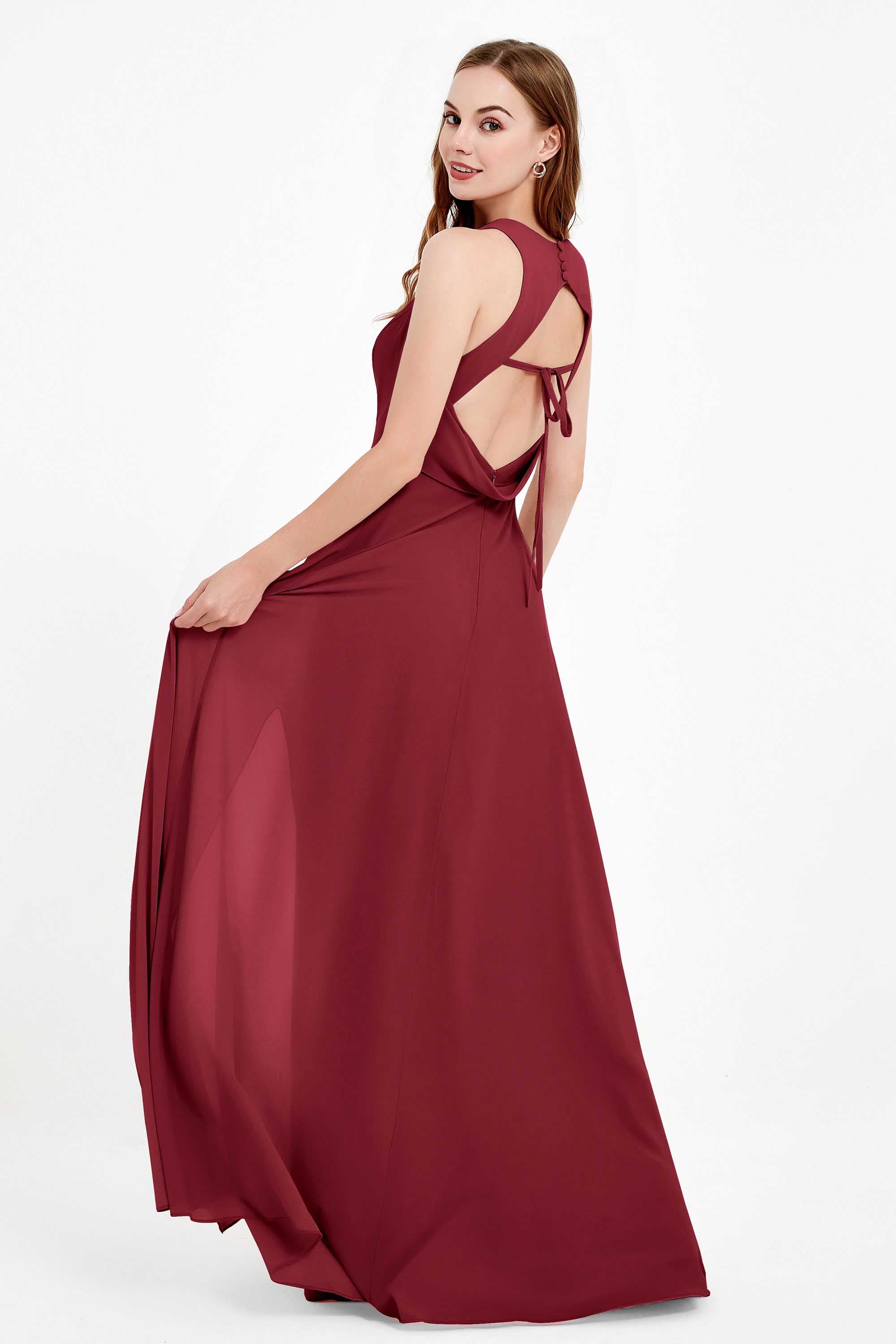 Jewel Neck Chiffon Bridesmaid Gowns Formal Evening Party Dresses A Line with Slit