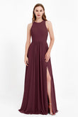 Jewel Neck Chiffon Bridesmaid Gowns Formal Evening Party Dresses A Line with Slit