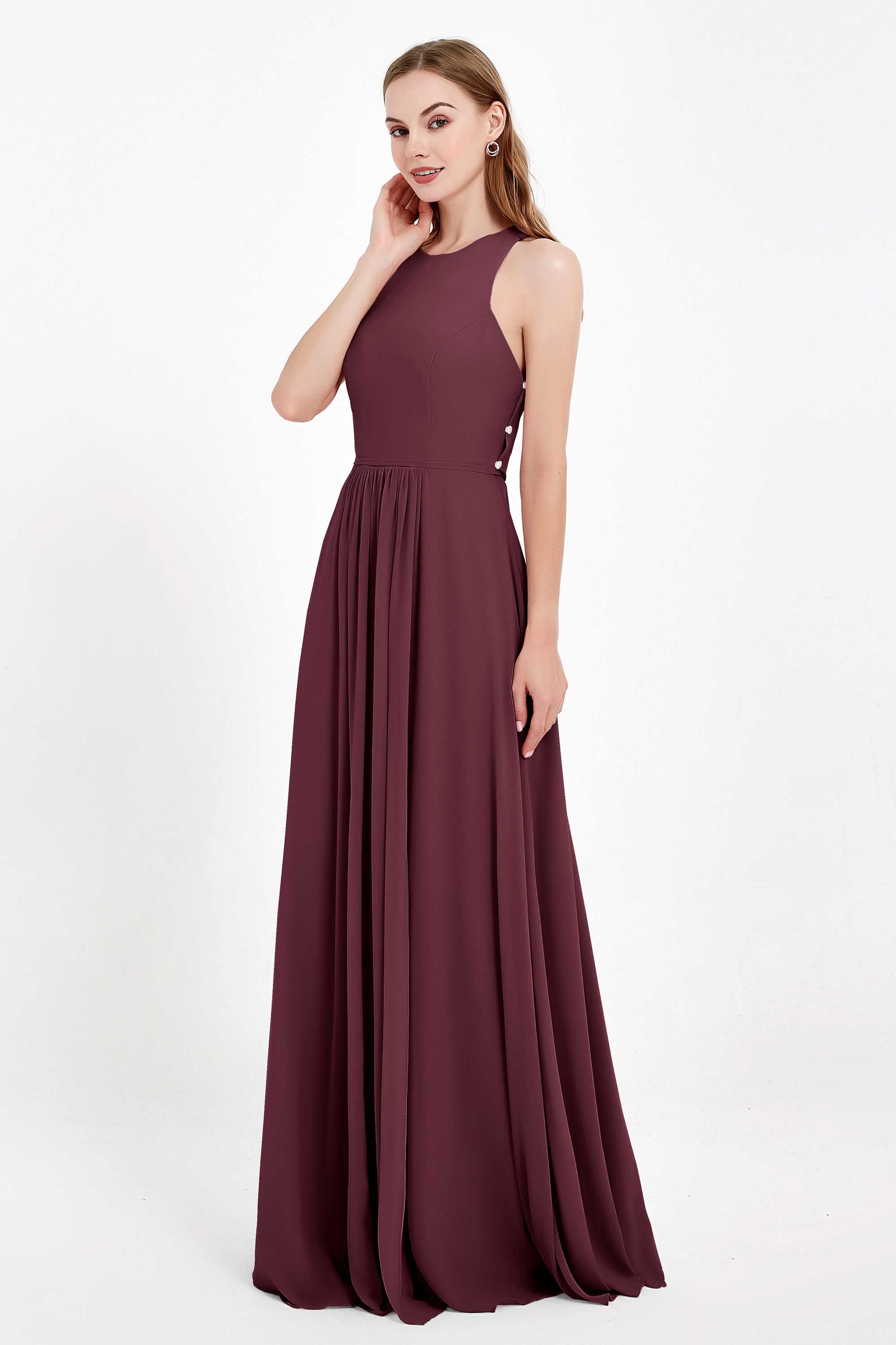 Jewel Neck Chiffon Bridesmaid Gowns Formal Evening Party Dresses A Line with Slit