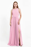 Jewel Neck Chiffon Bridesmaid Gowns Formal Evening Party Dresses A Line with Slit