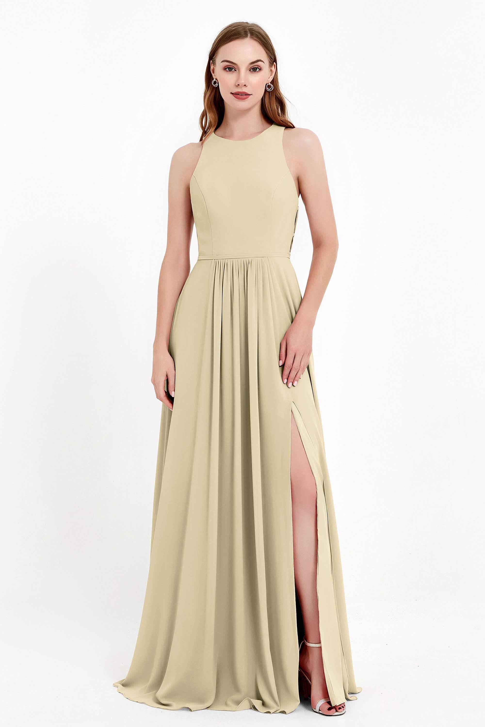 Jewel Neck Chiffon Bridesmaid Gowns Formal Evening Party Dresses A Line with Slit