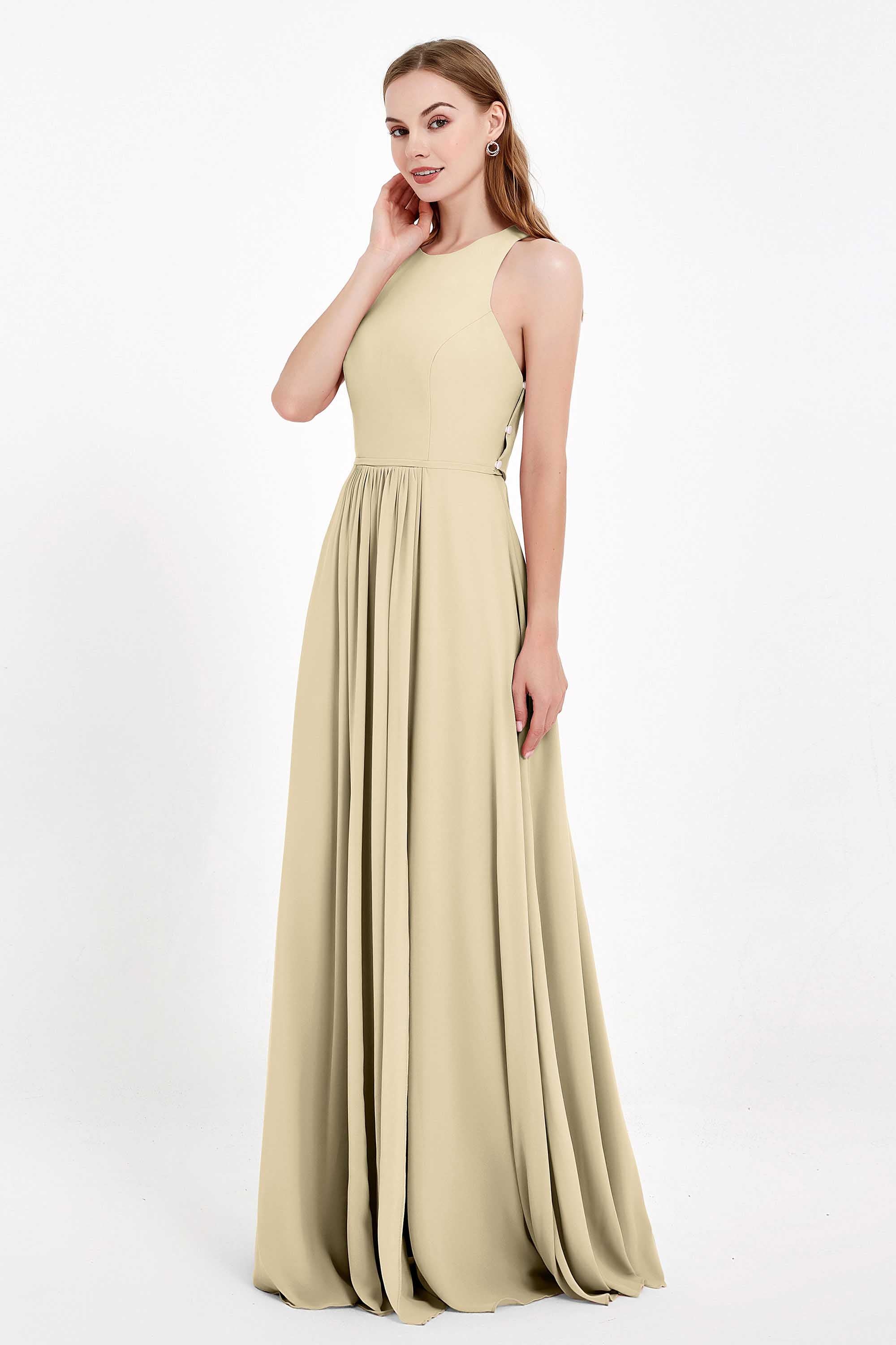 Jewel Neck Chiffon Bridesmaid Gowns Formal Evening Party Dresses A Line with Slit