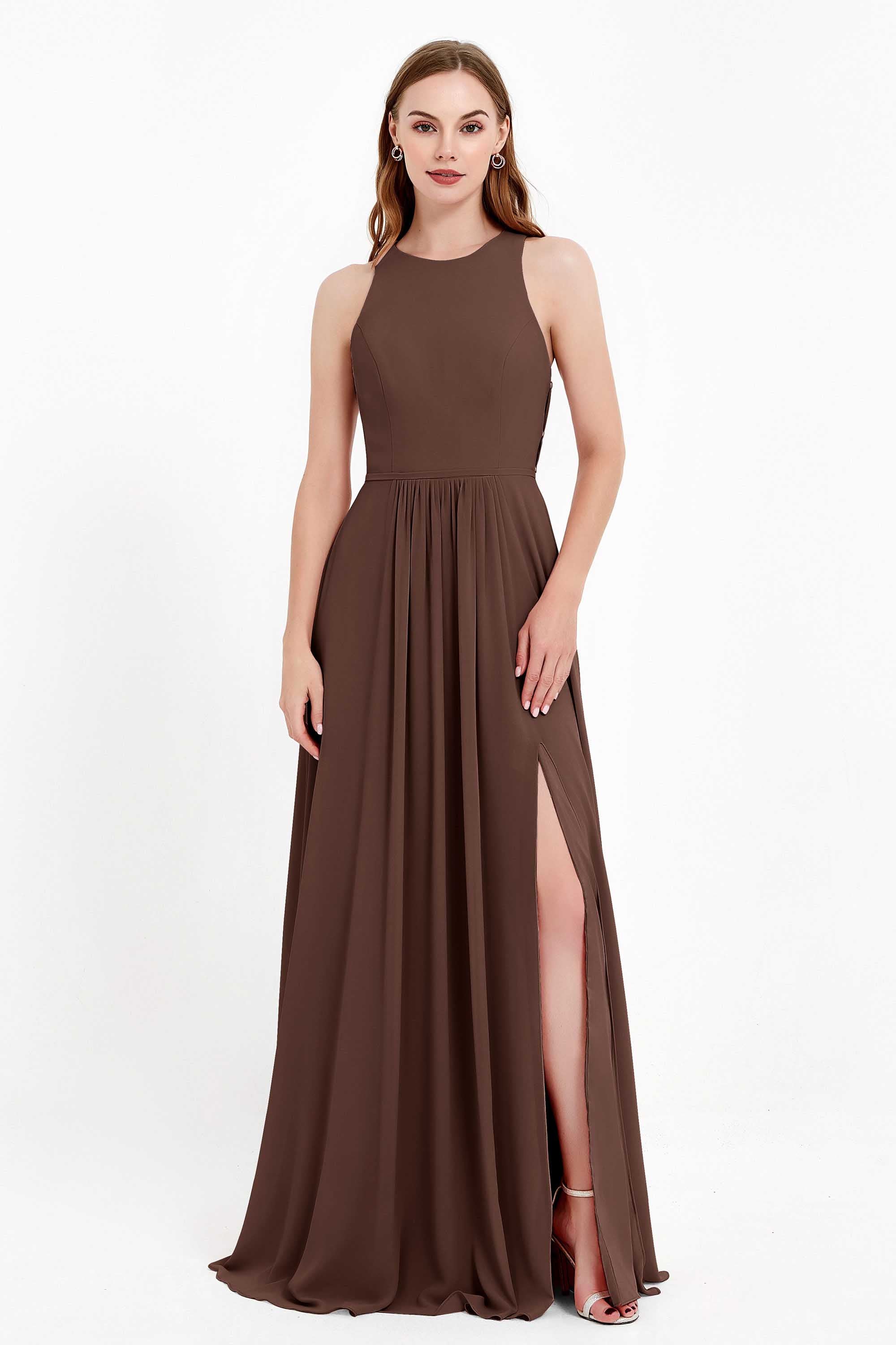 Jewel Neck Chiffon Bridesmaid Gowns Formal Evening Party Dresses A Line with Slit