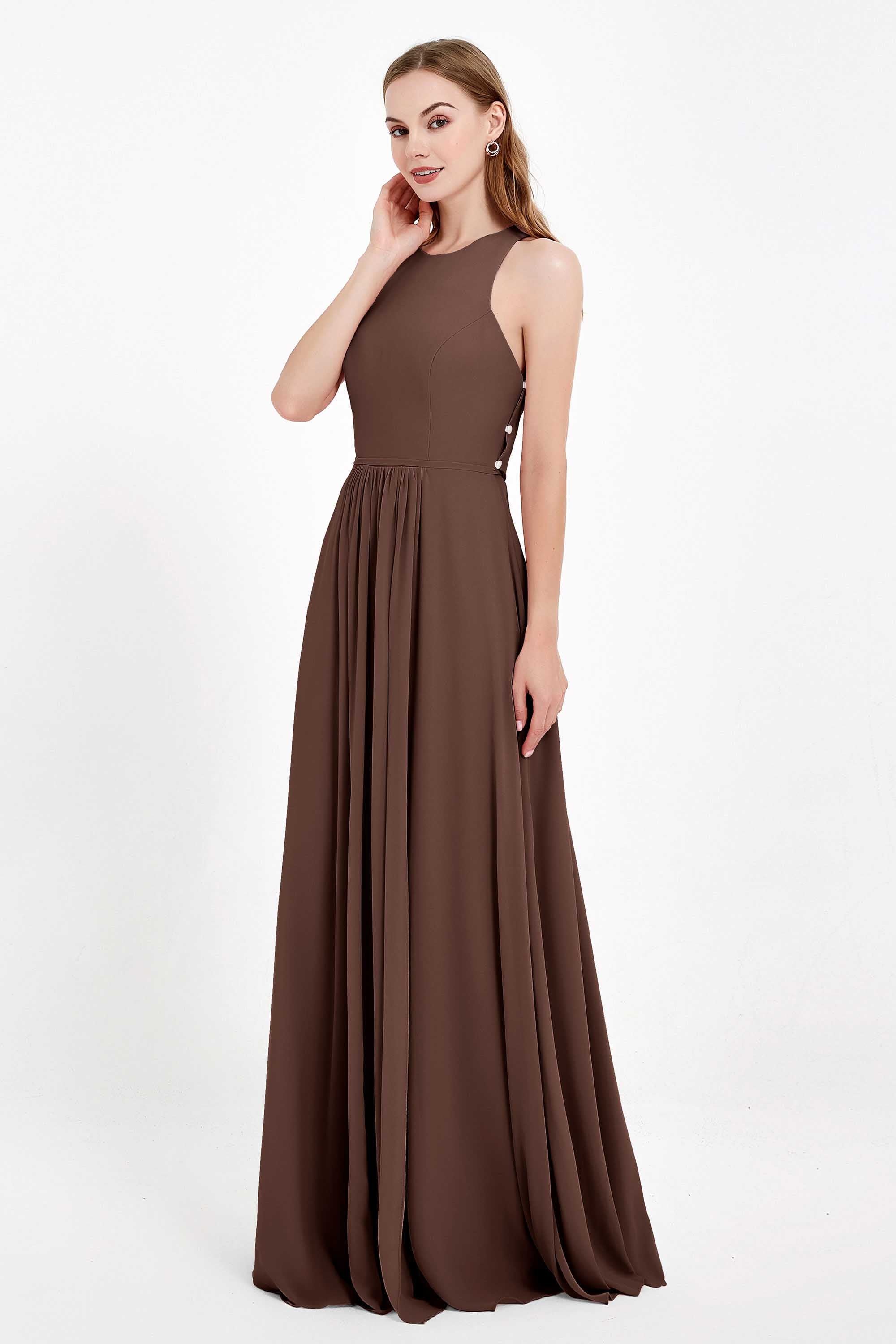 Jewel Neck Chiffon Bridesmaid Gowns Formal Evening Party Dresses A Line with Slit