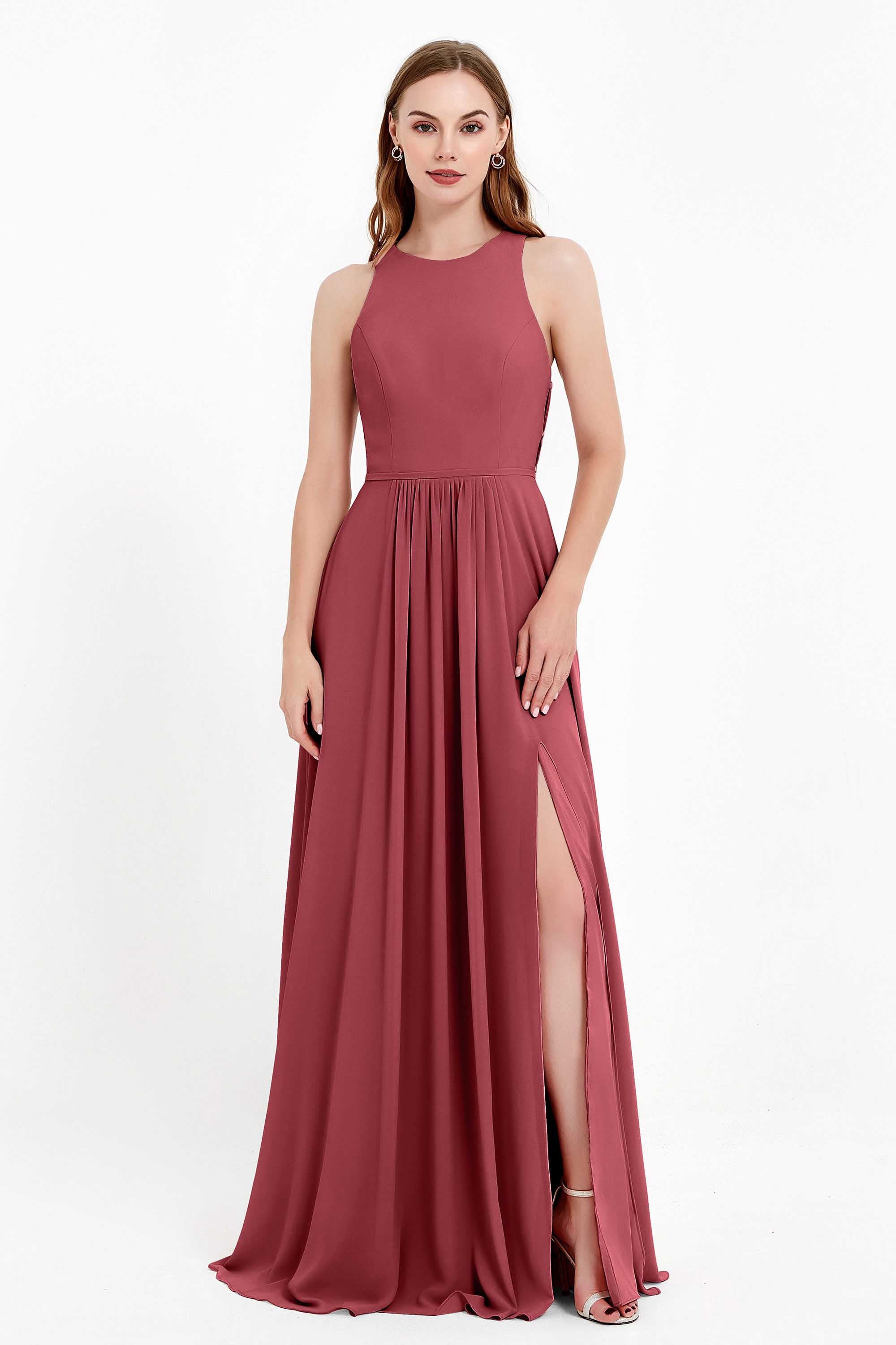 Jewel Neck Chiffon Bridesmaid Gowns Formal Evening Party Dresses A Line with Slit