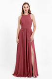 Jewel Neck Chiffon Bridesmaid Gowns Formal Evening Party Dresses A Line with Slit