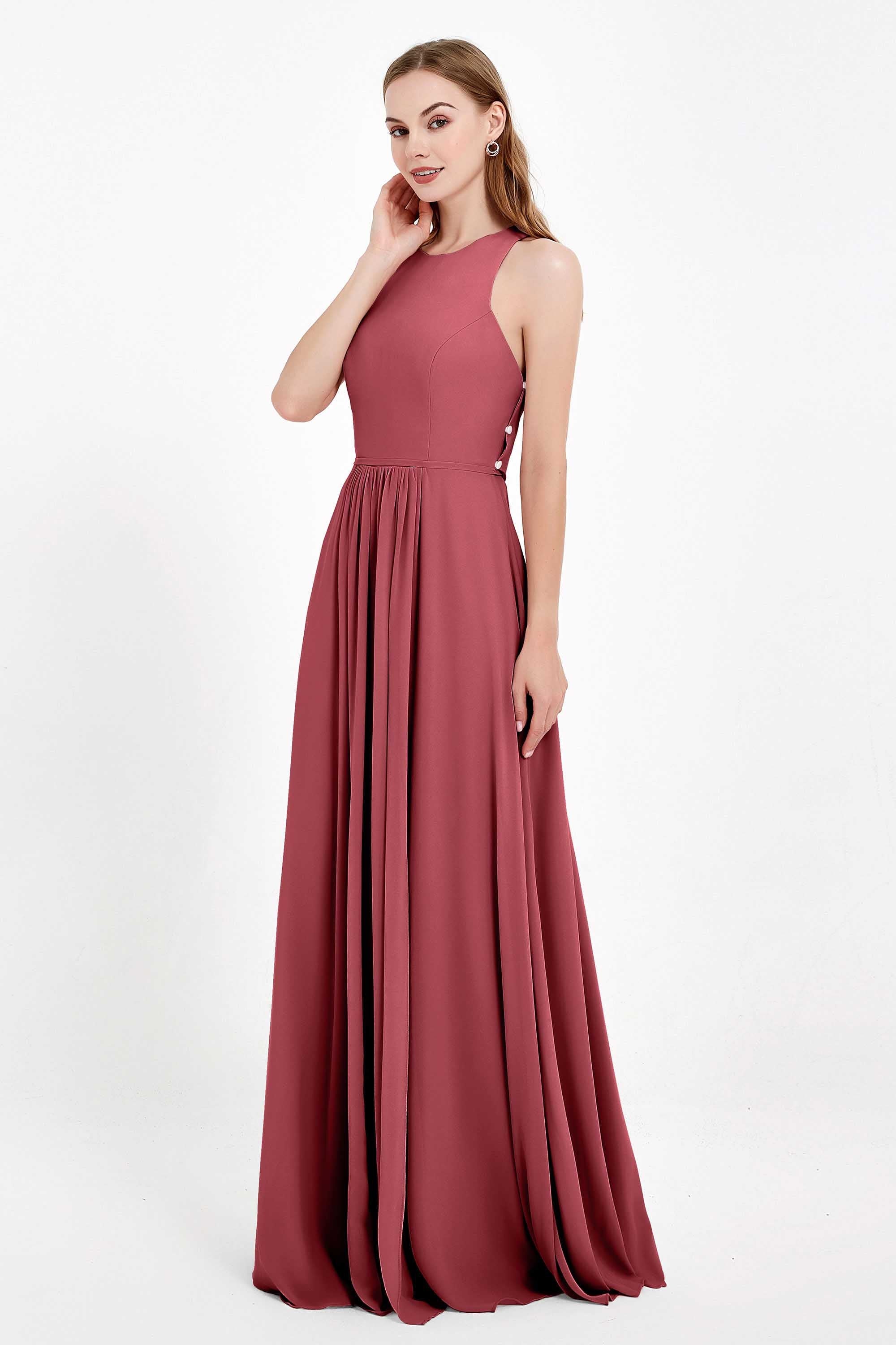 Jewel Neck Chiffon Bridesmaid Gowns Formal Evening Party Dresses A Line with Slit