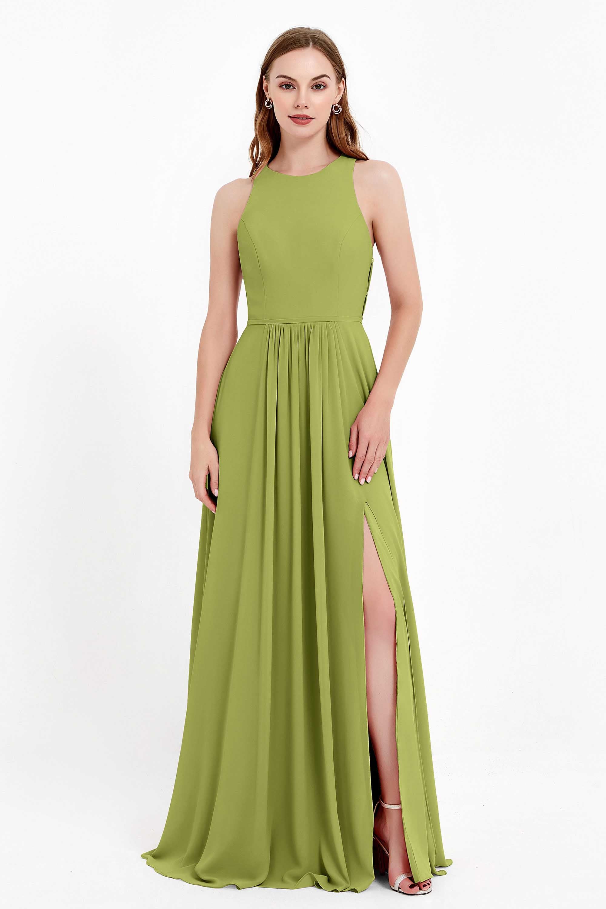 Jewel Neck Chiffon Bridesmaid Gowns Formal Evening Party Dresses A Line with Slit