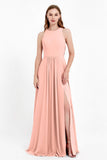Jewel Neck Chiffon Bridesmaid Gowns Formal Evening Party Dresses A Line with Slit