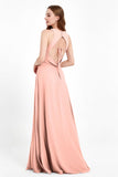 Jewel Neck Chiffon Bridesmaid Gowns Formal Evening Party Dresses A Line with Slit