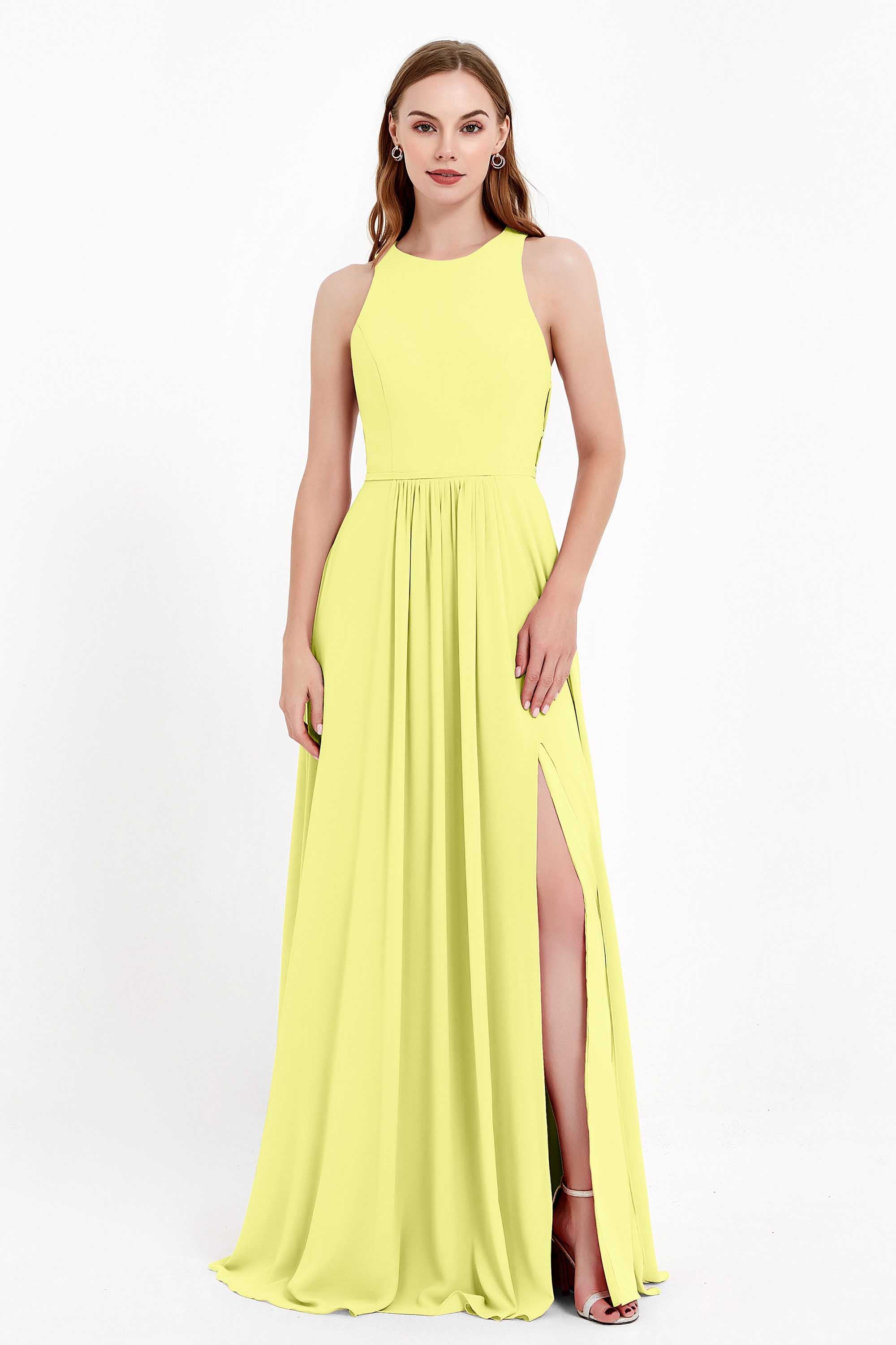 Jewel Neck Chiffon Bridesmaid Gowns Formal Evening Party Dresses A Line with Slit