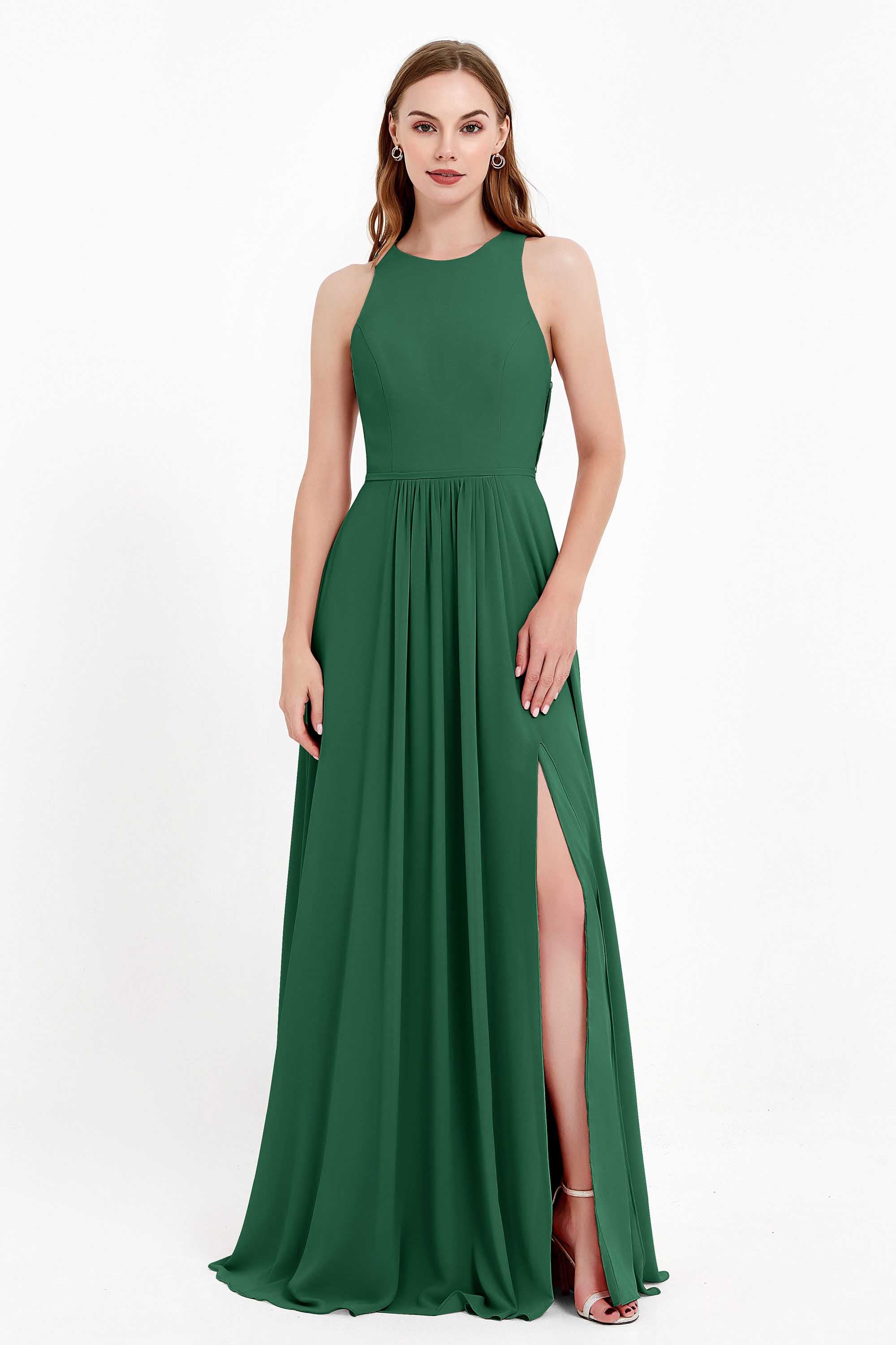 Jewel Neck Chiffon Bridesmaid Gowns Formal Evening Party Dresses A Line with Slit