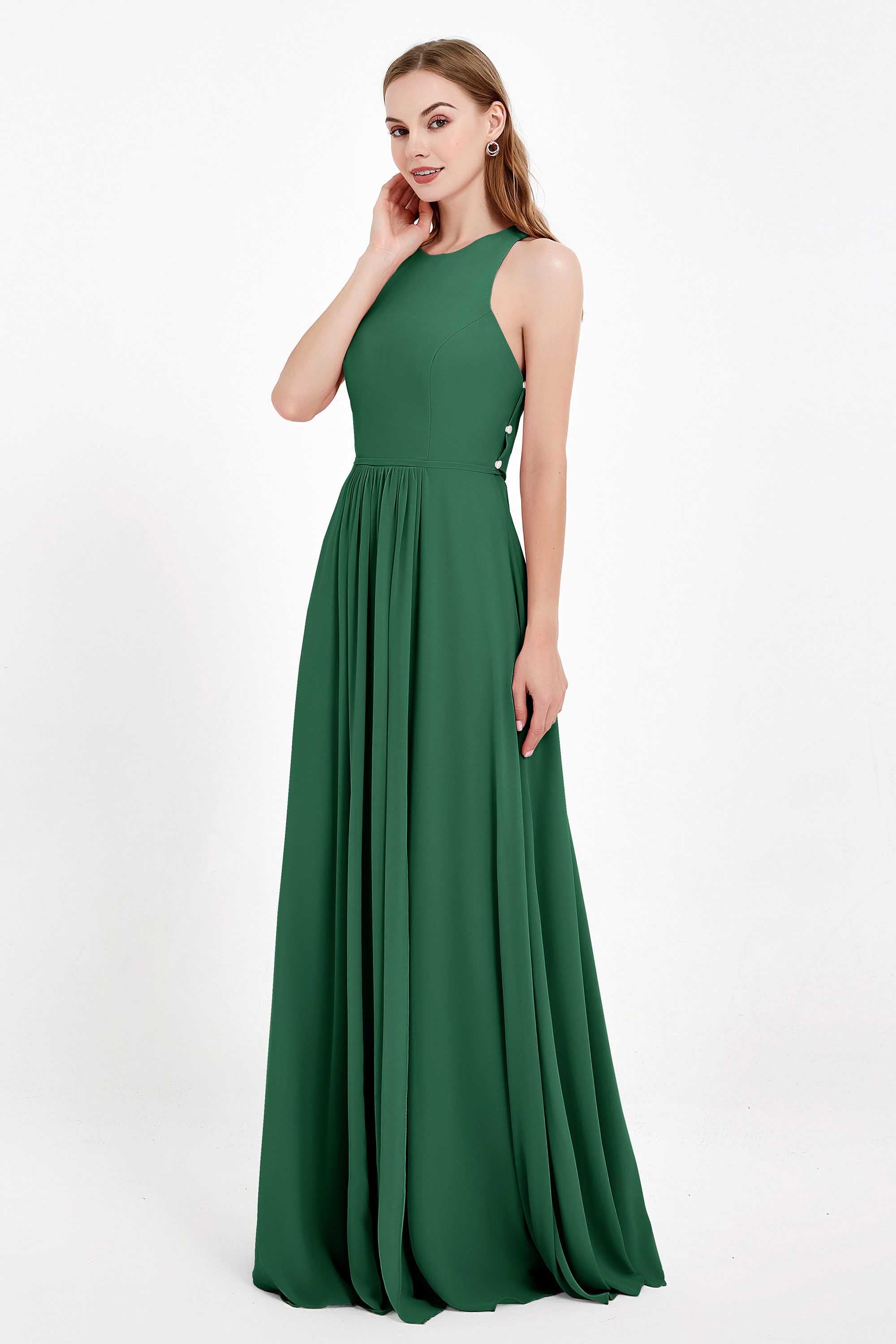 Jewel Neck Chiffon Bridesmaid Gowns Formal Evening Party Dresses A Line with Slit
