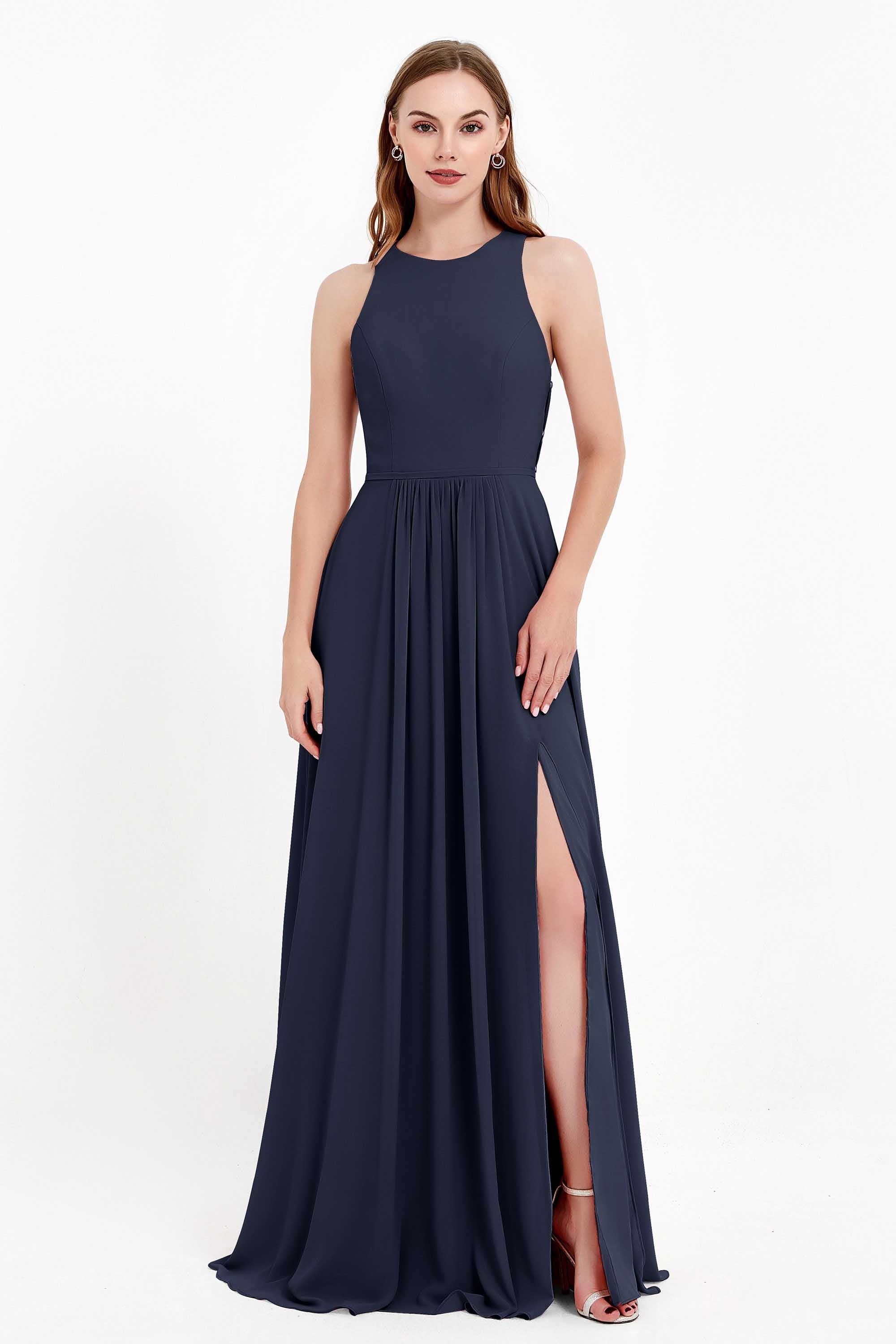 Jewel Neck Chiffon Bridesmaid Gowns Formal Evening Party Dresses A Line with Slit
