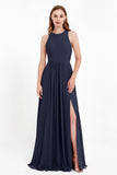Jewel Neck Chiffon Bridesmaid Gowns Formal Evening Party Dresses A Line with Slit