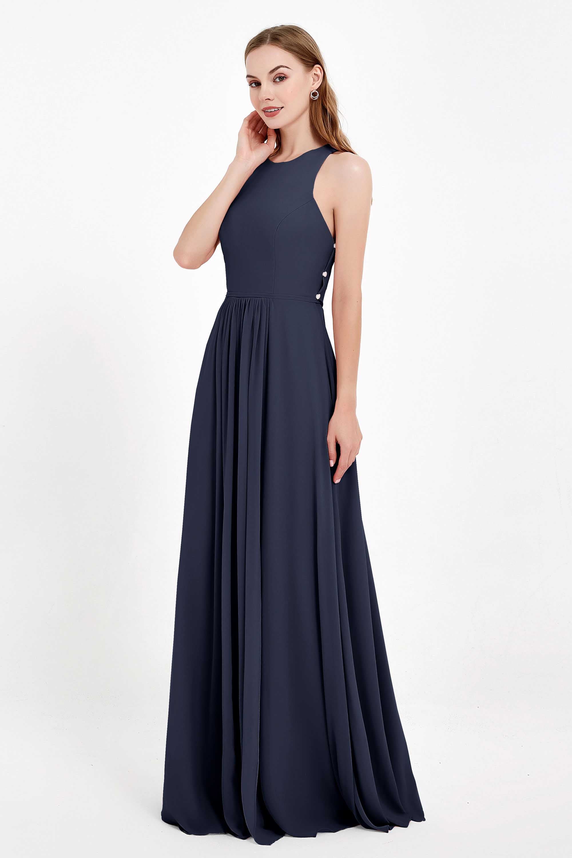 Jewel Neck Chiffon Bridesmaid Gowns Formal Evening Party Dresses A Line with Slit