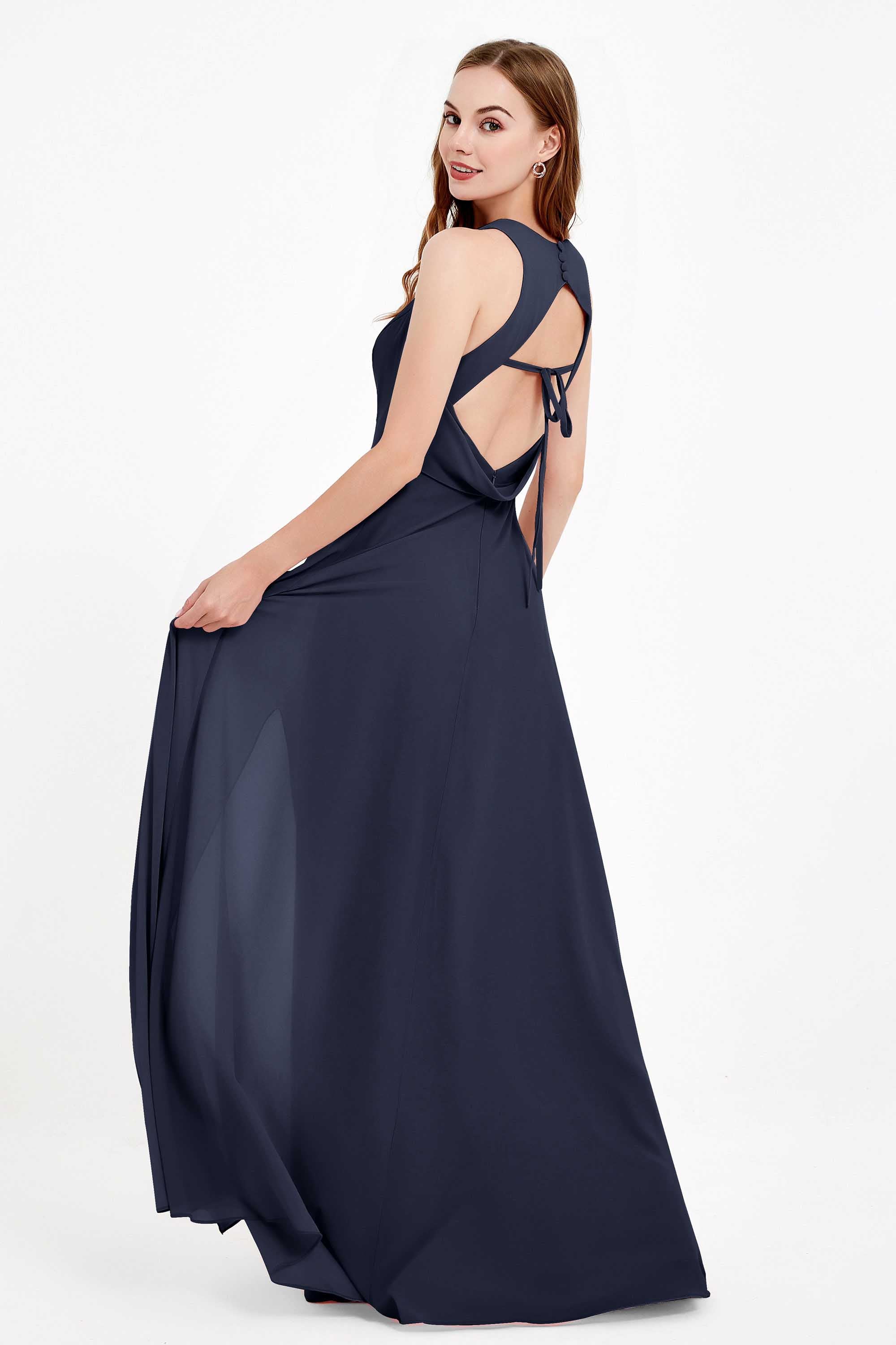 Jewel Neck Chiffon Bridesmaid Gowns Formal Evening Party Dresses A Line with Slit