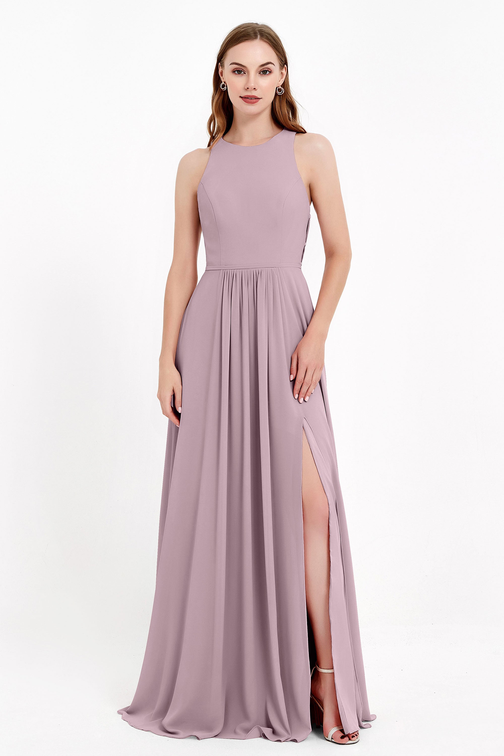Jewel Neck Chiffon Bridesmaid Gowns Formal Evening Party Dresses A Line with Slit