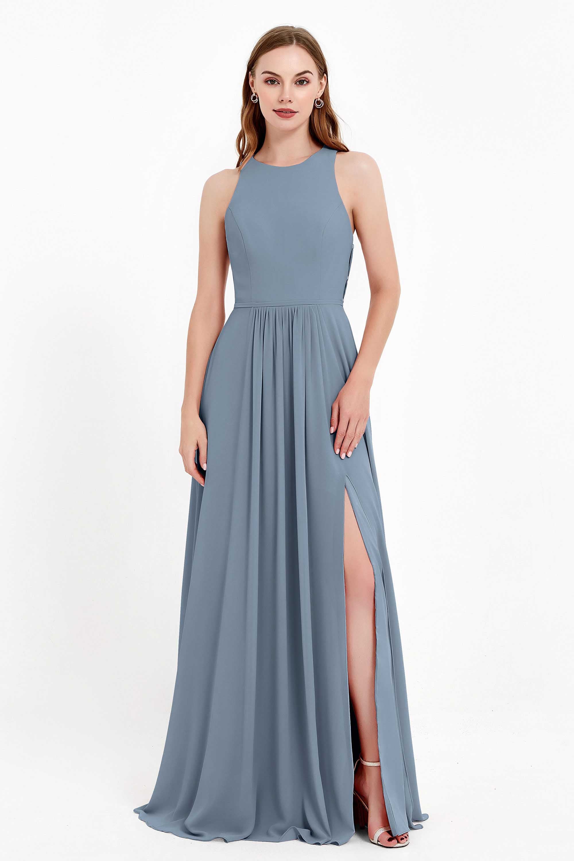 Jewel Neck Chiffon Bridesmaid Gowns Formal Evening Party Dresses A Line with Slit