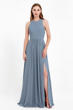 Jewel Neck Chiffon Bridesmaid Gowns Formal Evening Party Dresses A Line with Slit