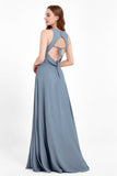 Jewel Neck Chiffon Bridesmaid Gowns Formal Evening Party Dresses A Line with Slit