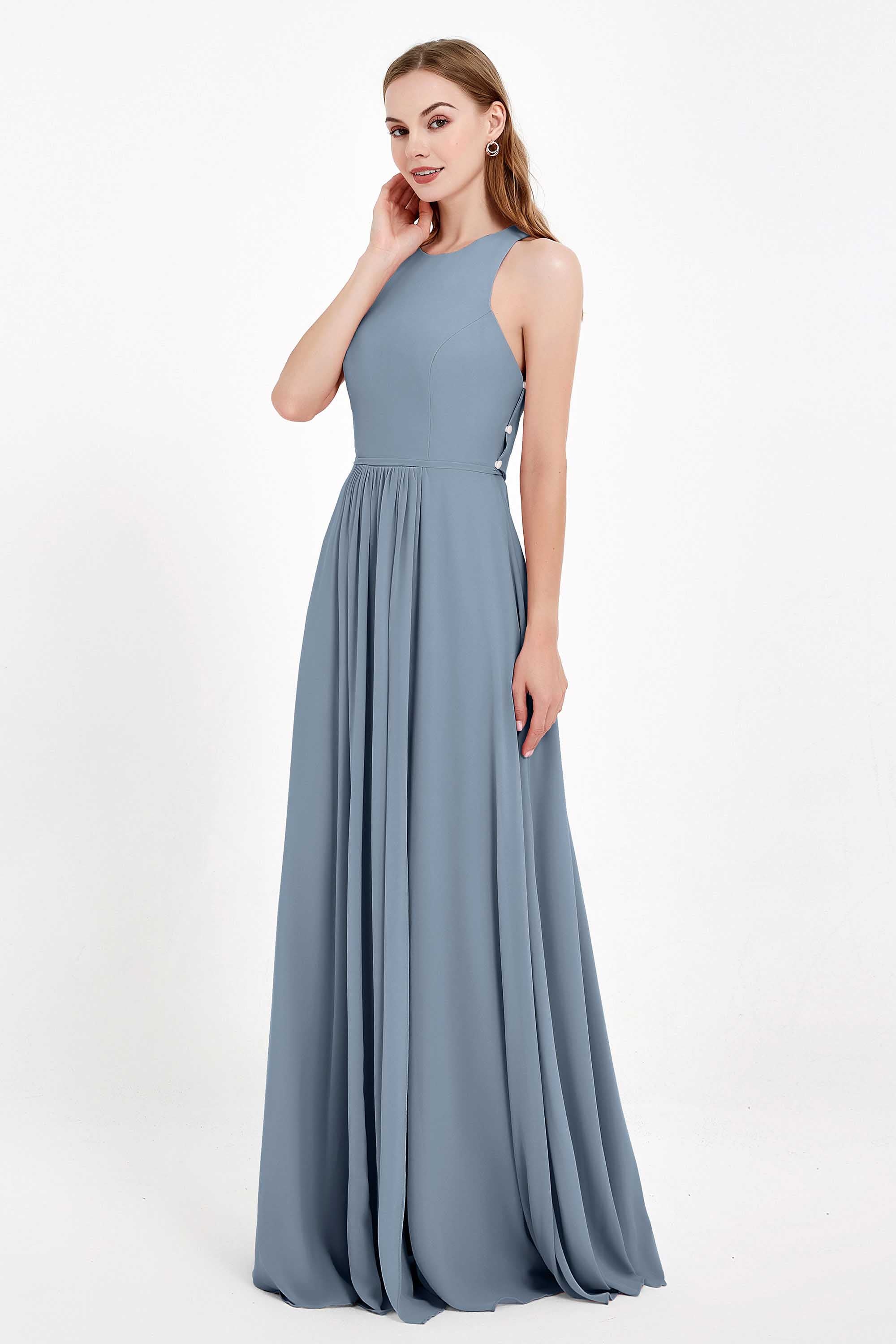 Jewel Neck Chiffon Bridesmaid Gowns Formal Evening Party Dresses A Line with Slit