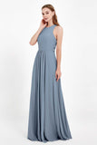 Jewel Neck Chiffon Bridesmaid Gowns Formal Evening Party Dresses A Line with Slit
