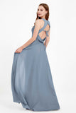 Jewel Neck Chiffon Bridesmaid Gowns Formal Evening Party Dresses A Line with Slit