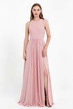 Jewel Neck Chiffon Bridesmaid Gowns Formal Evening Party Dresses A Line with Slit