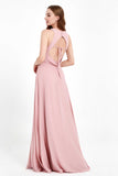 Jewel Neck Chiffon Bridesmaid Gowns Formal Evening Party Dresses A Line with Slit